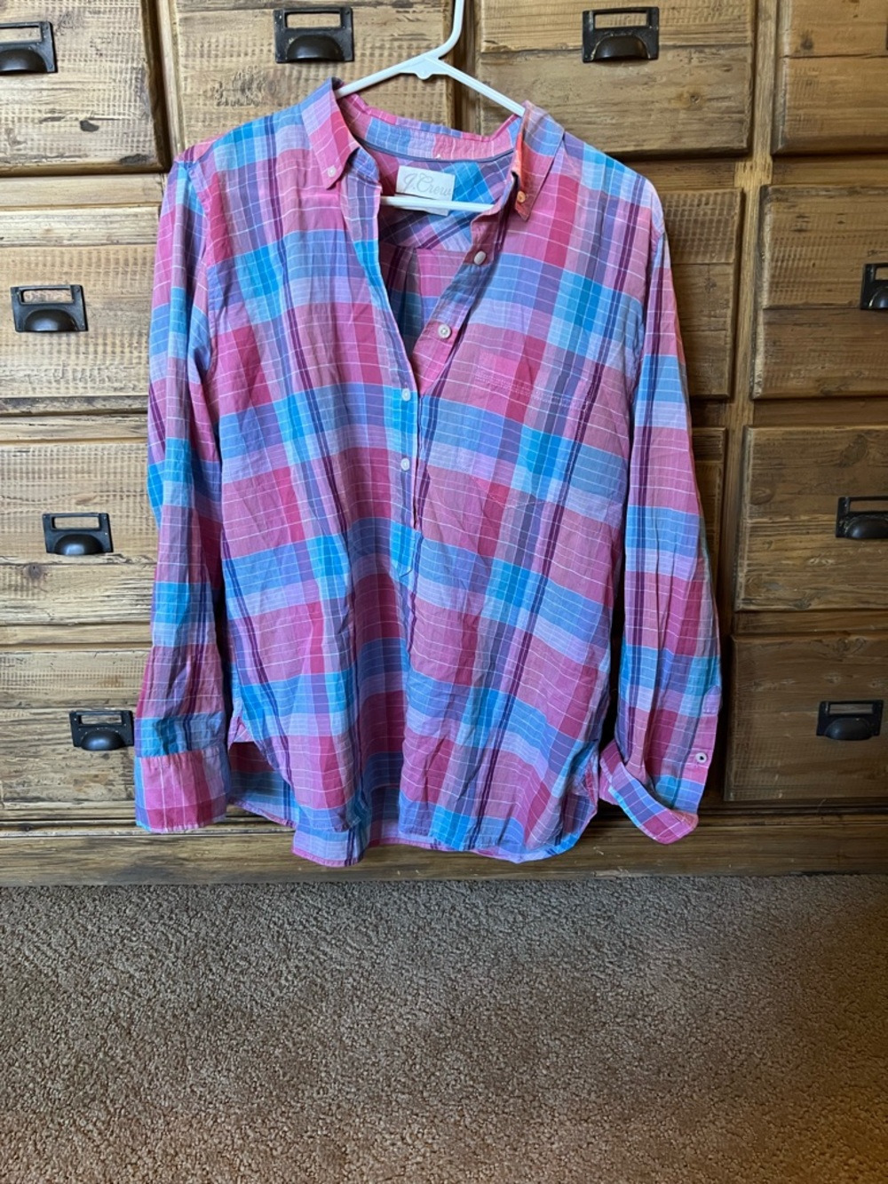 J. Crew Striped Cotton Plaid Button-Up Shirt in Pink & Blue